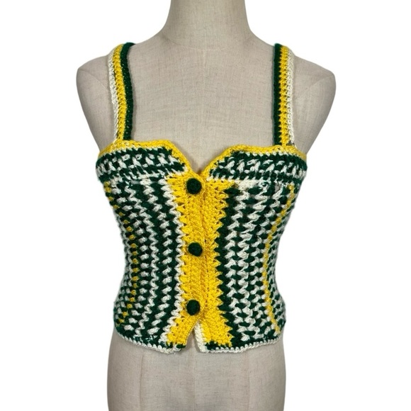 Vintage Tops - Vintage Handmade Granny Crochet Knit Button Corset Style Bustier Tank Top Vest
